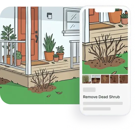 Stylized iPhone showing a SiteDNA issue titled 'Remove Dead Shrub' with attached site photos, overlaid on an illustration of a residential porch lined with potted plants and bare-twig shrubs needing replacement.