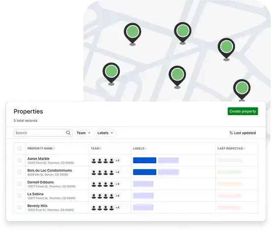 SiteDNA property list view with team assignments, label badges, and last-inspected status indicators, alongside a map showing green pin markers across multiple properties.