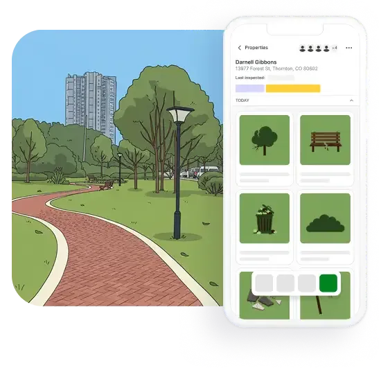 Stylized iPhone showing a SiteDNA property file for Darnell Gibbons with property labels and a grid of categorized icons for trees, benches, and other site features, overlaid on an illustration of a brick path through a maintained park.
