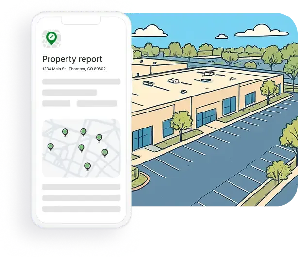 SiteDNA property report on iPhone showing a thumbnail map with green pin markers for a strip-mall maintenance property, overlaid on an illustration of the property's parking lot and storefronts.