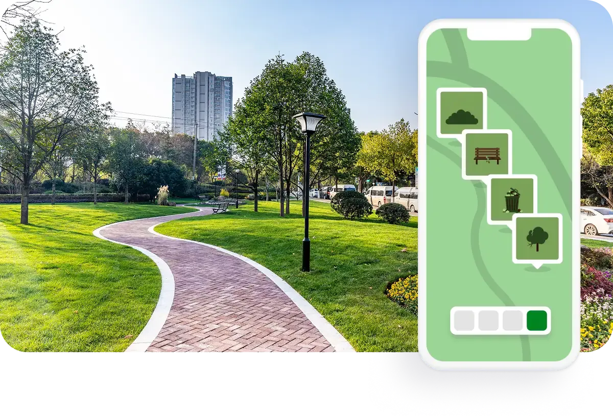 SiteDNA on iPhone showing a property map with green pin markers, overlaid on a photo of a brick path winding through a manicured park-like maintenance property with mature trees and a city skyline backdrop.